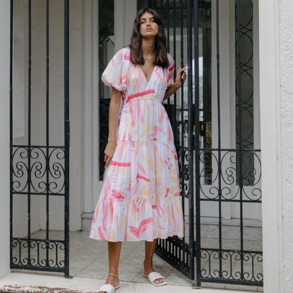 Anthropologie Steele Nakana Puff Sleeve Midi Dress in Yellow Pink Carnival Print